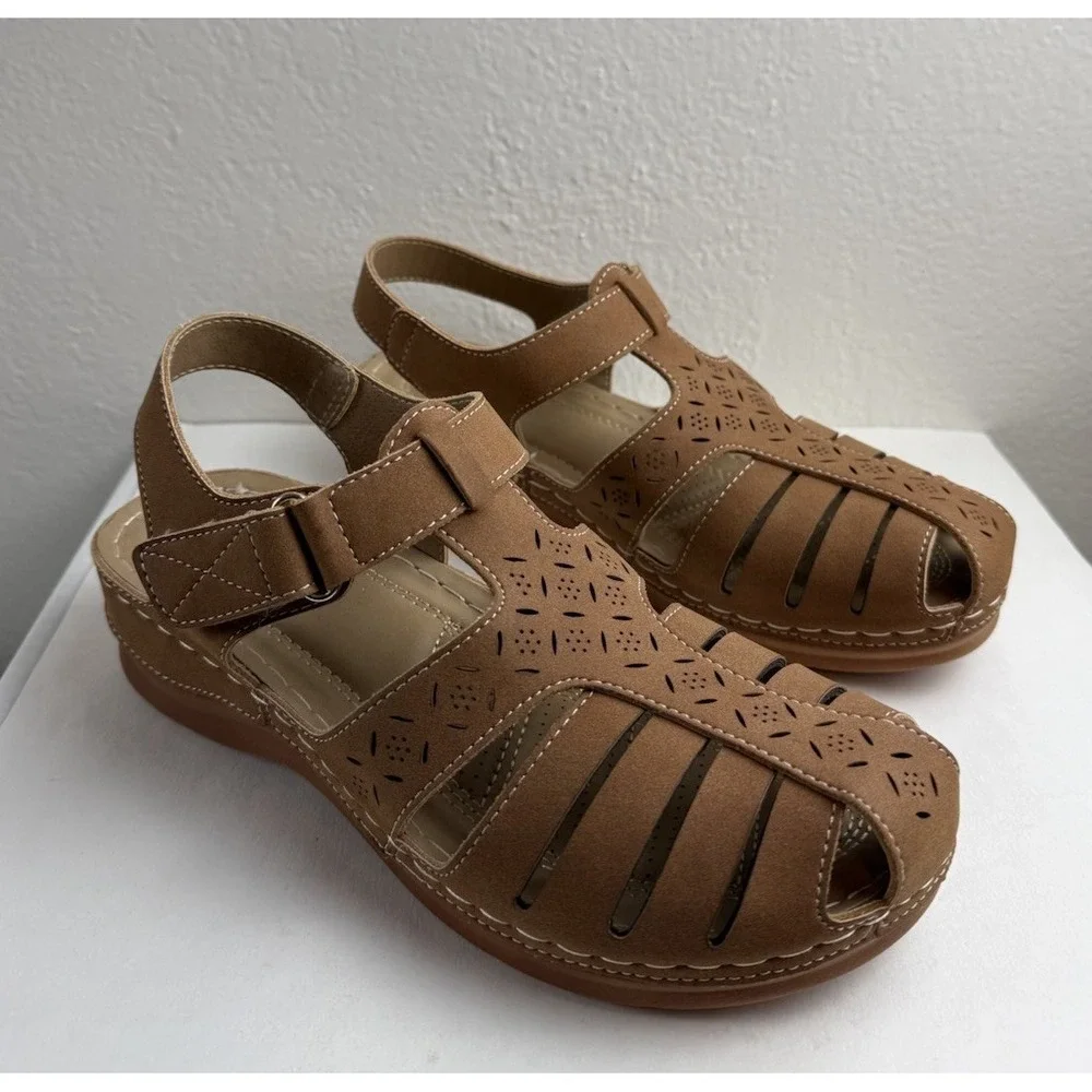 Shibever Comfort Fisherman Sandal 8 Womens Brown Slingback Cutout Casual Shoes
